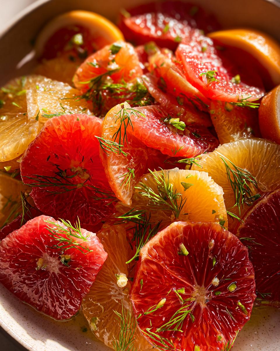 Close-up of a vibrant Fennel and Orange Salad with blood oranges, oranges, and fresh dill.