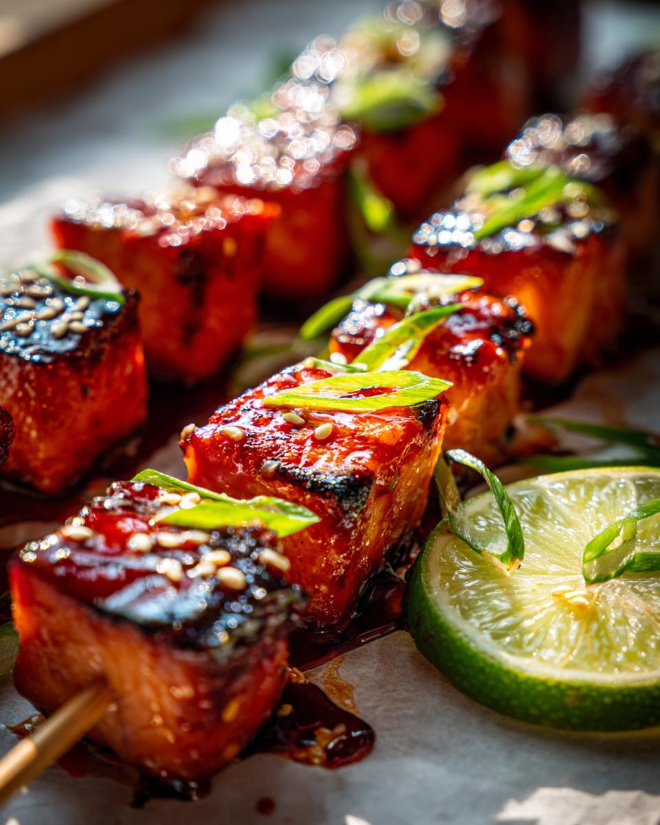 Close-up of glazed Firecracker Salmon Skewers with sesame seeds and green onions, served with a lime slice.