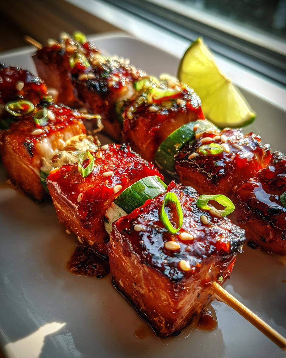 Close-up of Firecracker Salmon Skewers with Sriracha Honey Glaze, garnished with sesame seeds and green onions.