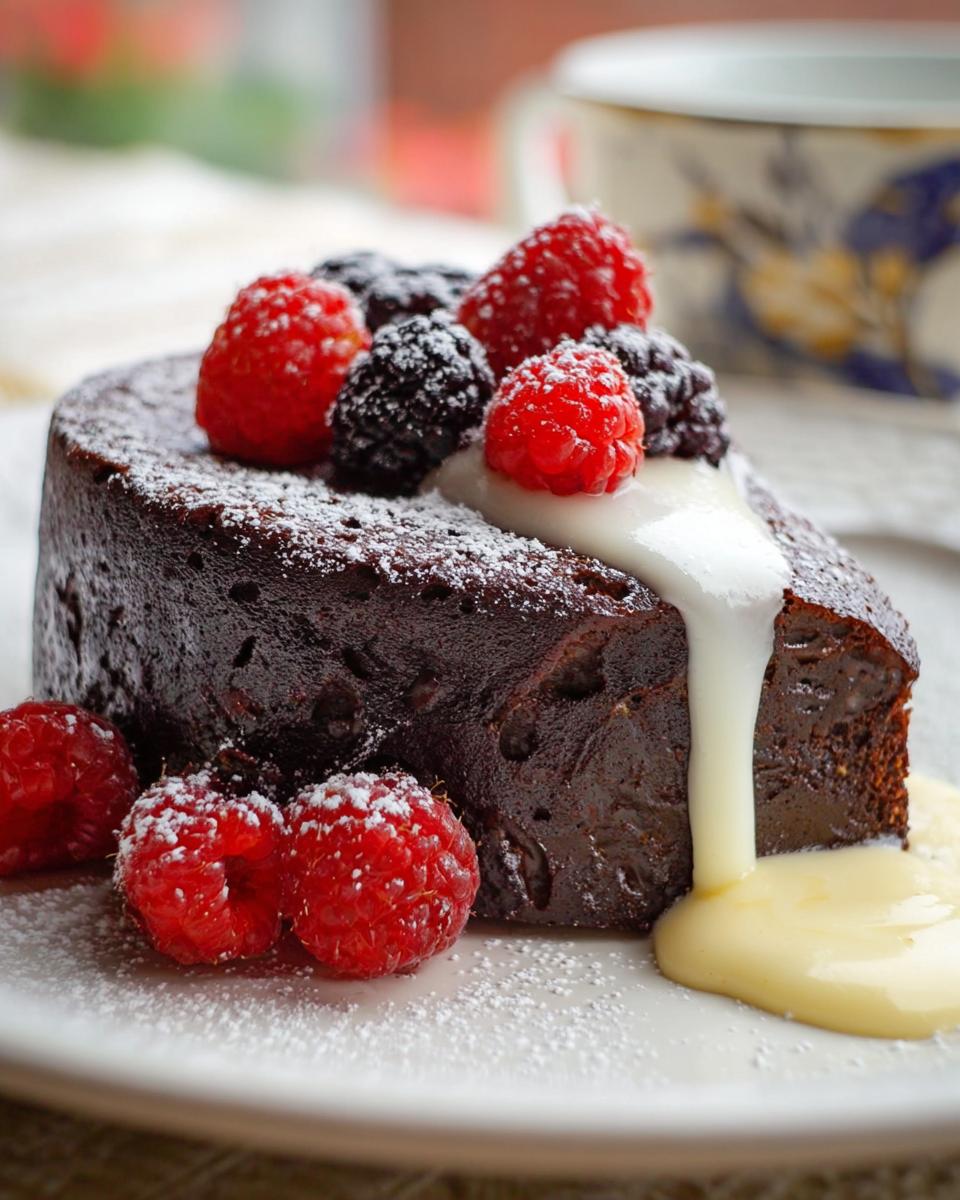 A decadent slice of Flourless Mocha Cake, dusted with icing sugar and topped with fresh raspberries and blackberries, served with cream and custard.