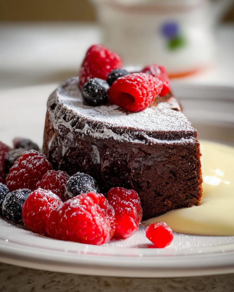A rich slice of Flourless Mocha Cake Inspired by Nigella Lawson, dusted with icing sugar and topped with fresh raspberries and blueberries, served with a dollop of cream.
