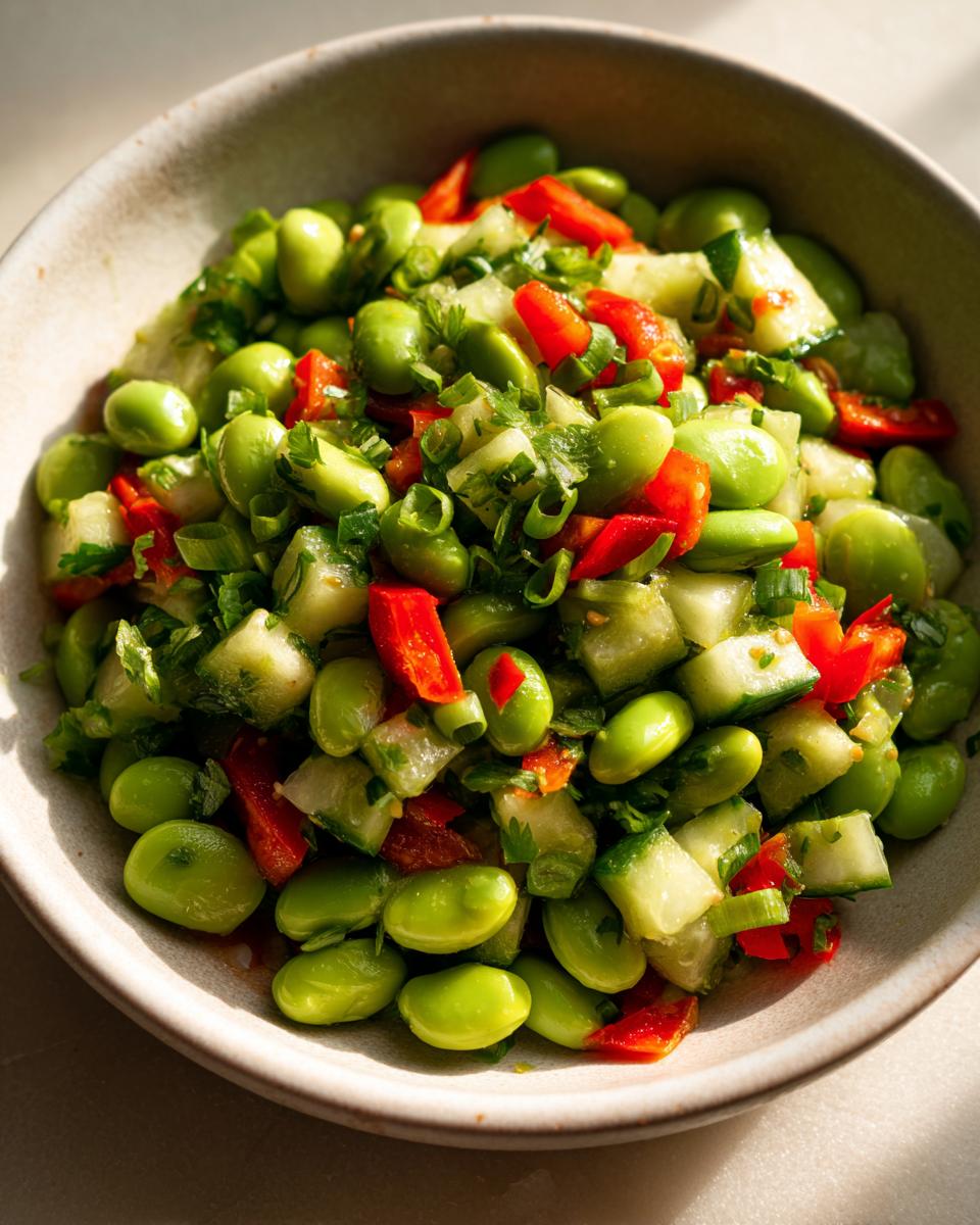A vibrant bowl of edamame salad featuring edamame beans, diced red bell peppers, cucumber, and green onions.