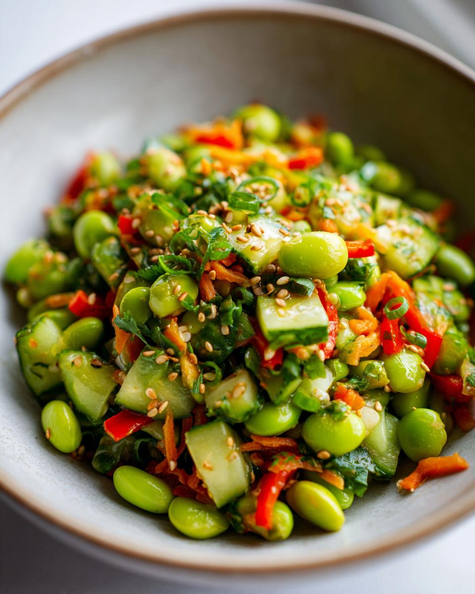 A vibrant bowl of edamame salad with chopped cucumber, shredded carrots, red bell pepper, and sesame seeds.