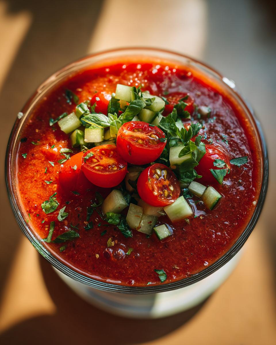 A close-up overhead view of a bowl of Fresh Summer Gazpacho with Tomatoes and Cucumber, garnished with cherry tomatoes and diced cucumber.
