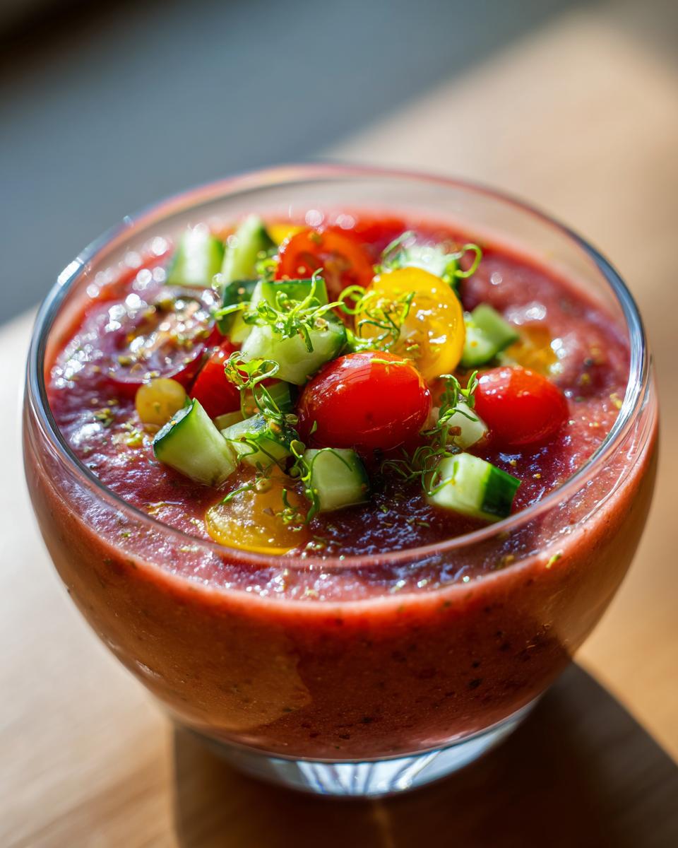 A refreshing bowl of Fresh Summer Gazpacho with Tomatoes and Cucumber, topped with fresh diced vegetables and herbs.