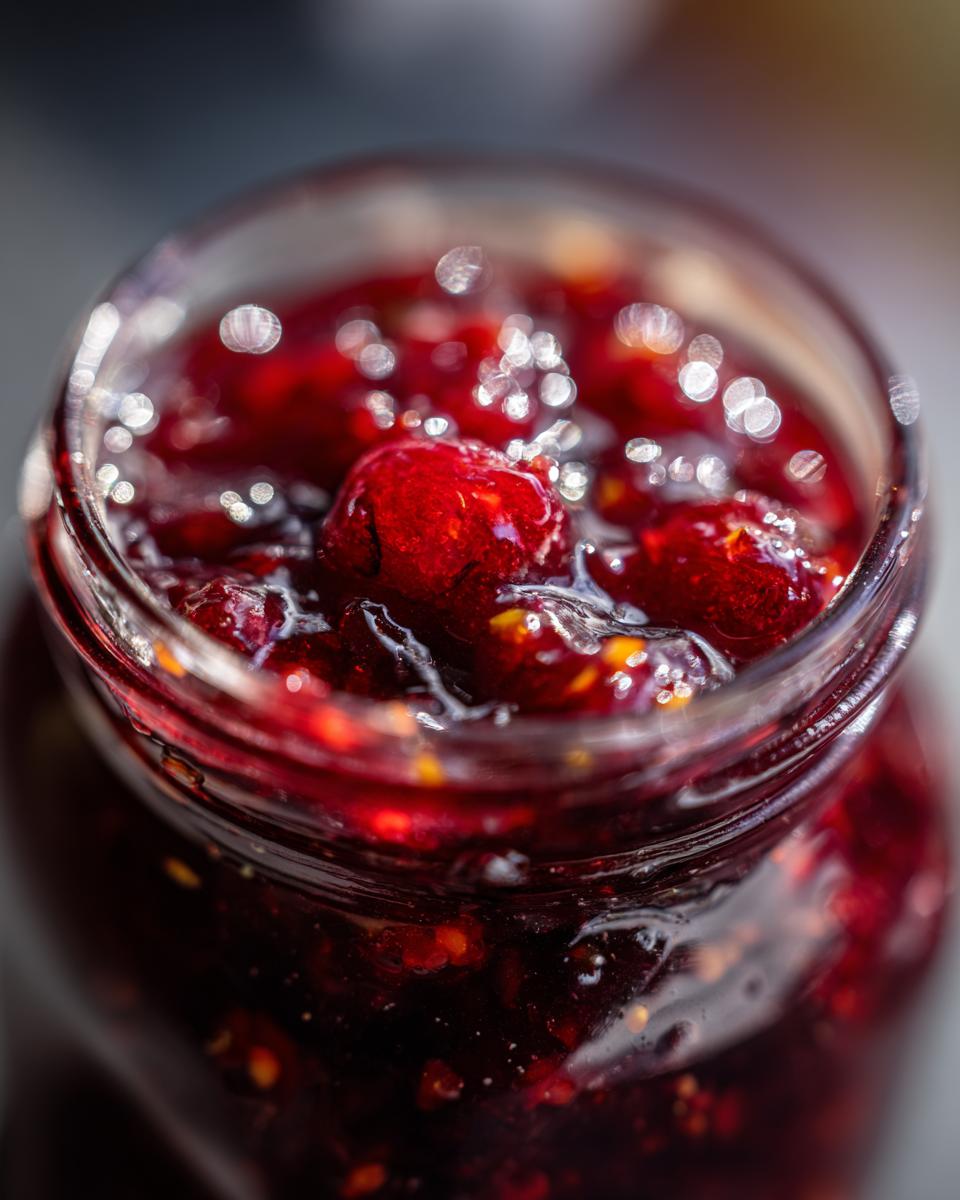 Close-up of a jar filled with glistening, deep red frog jam, showcasing whole fig pieces and seeds.
