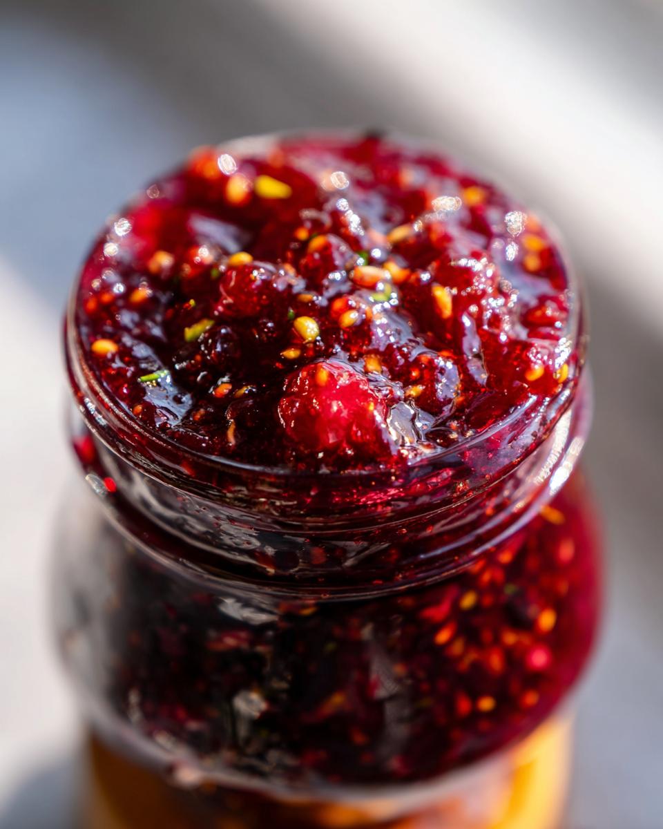 A close-up shot of a jar filled with glistening, deep red frog jam, showcasing small seeds and fruit pieces.