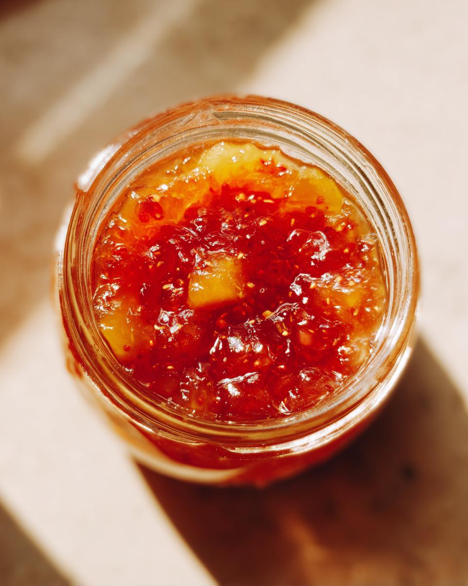 Close-up overhead view of a jar filled with homemade frog jam, showcasing its vibrant red and yellow fruit pieces.