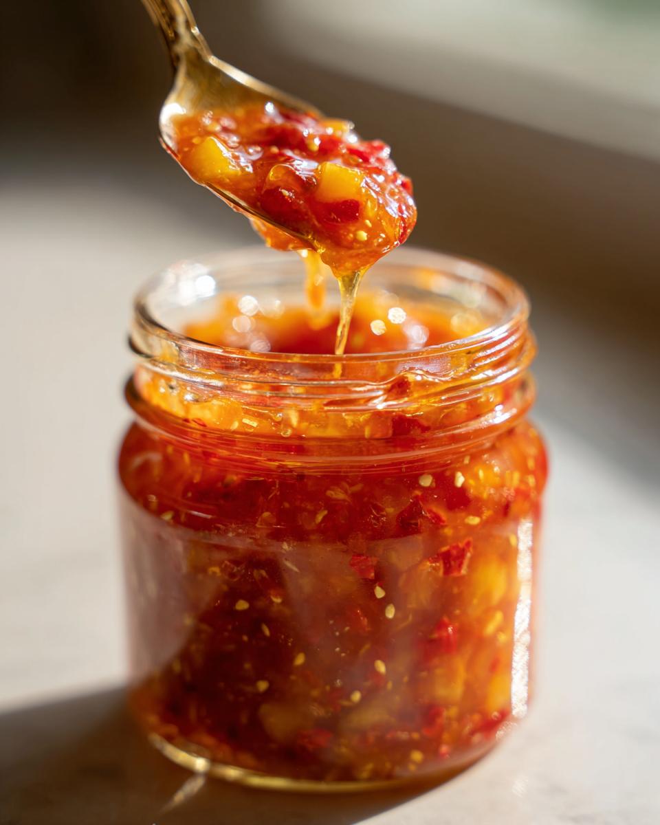 A spoonful of glistening frog jam recipe, showing its chunky texture and vibrant red and orange hues, dripping into a glass jar.