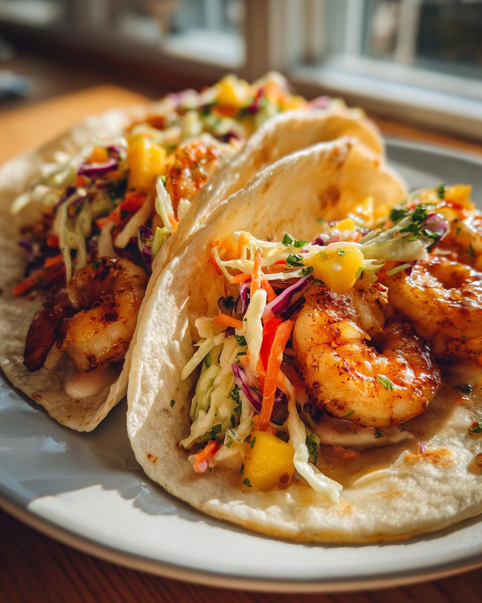 Close-up of two garlic butter shrimp tacos filled with seasoned shrimp, coleslaw, and pineapple chunks.