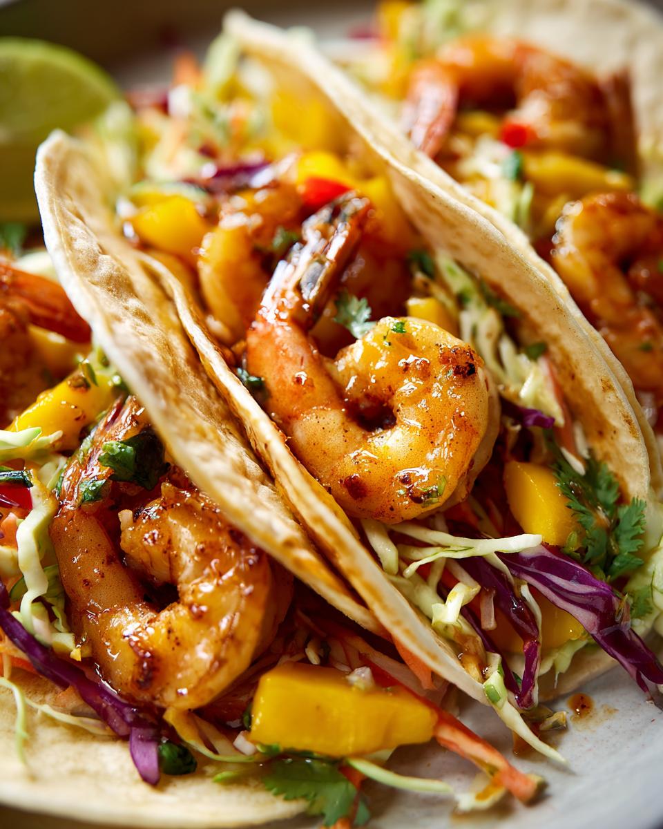 Close-up of three garlic butter shrimp tacos filled with juicy shrimp, mango salsa, and shredded cabbage.