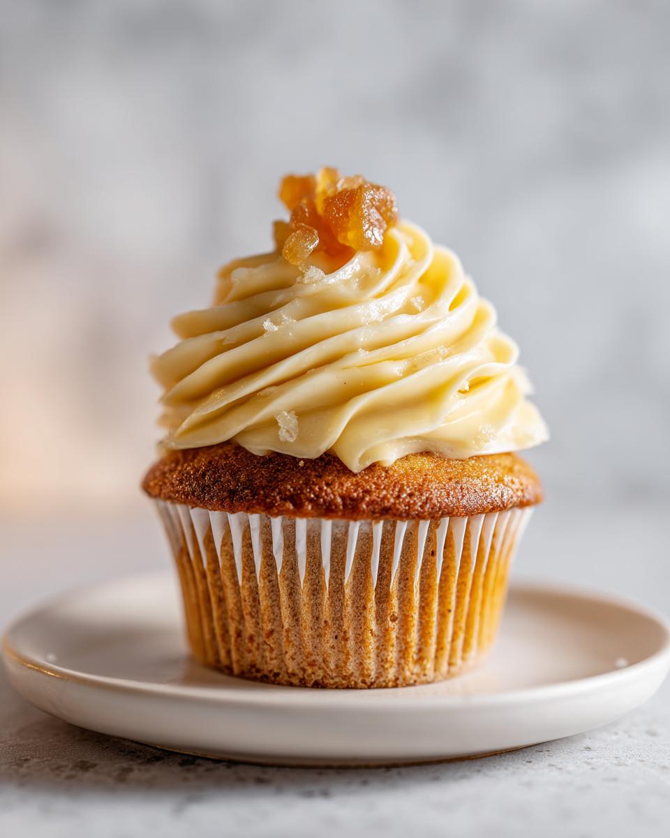 A beautifully decorated Ginger Cupcake Inspired by Mary Berry, topped with swirl frosting and candied ginger.
