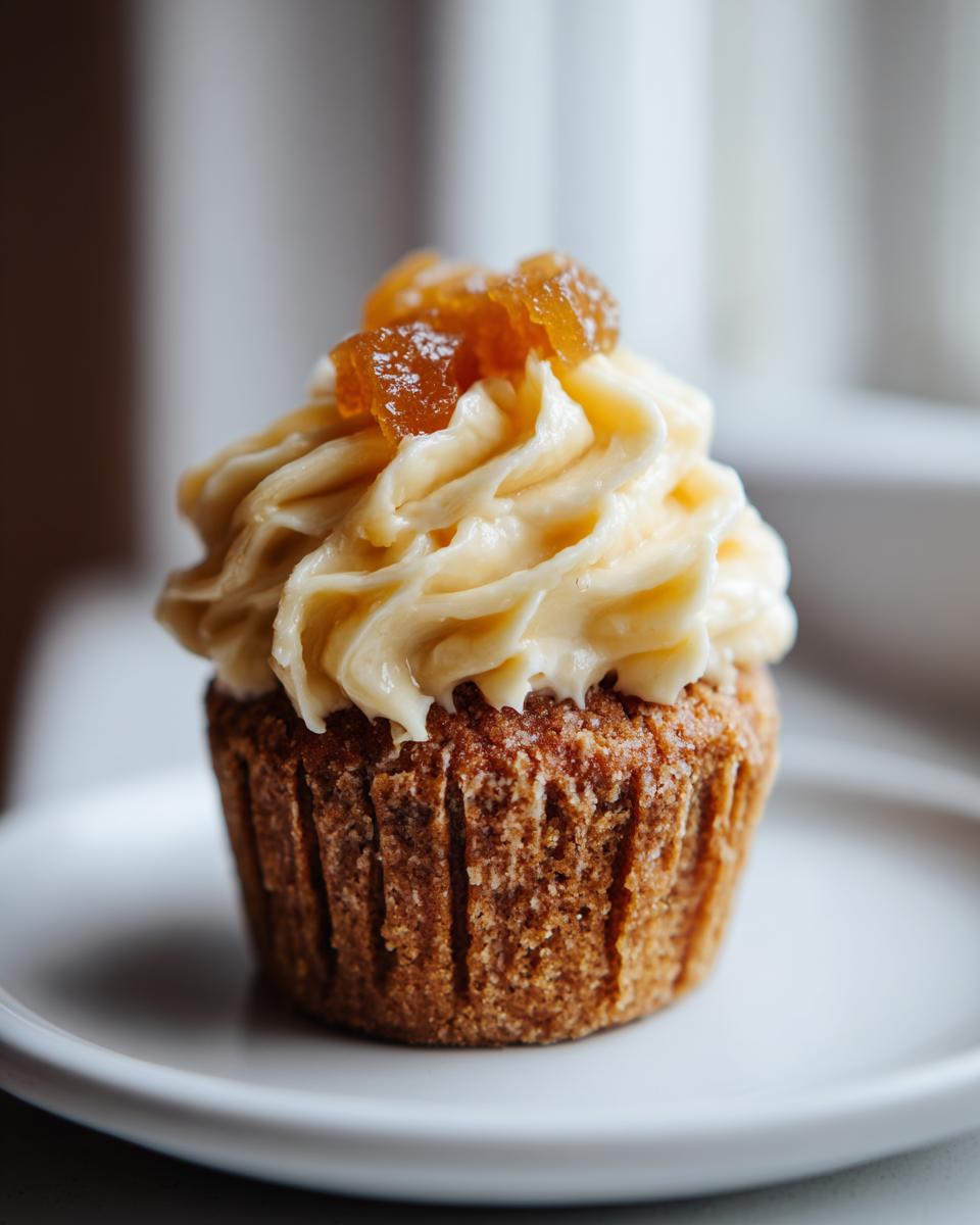 A close-up of a delicious Ginger Cupcake inspired by Mary Berry, topped with swirl of cream cheese frosting and candied ginger pieces.