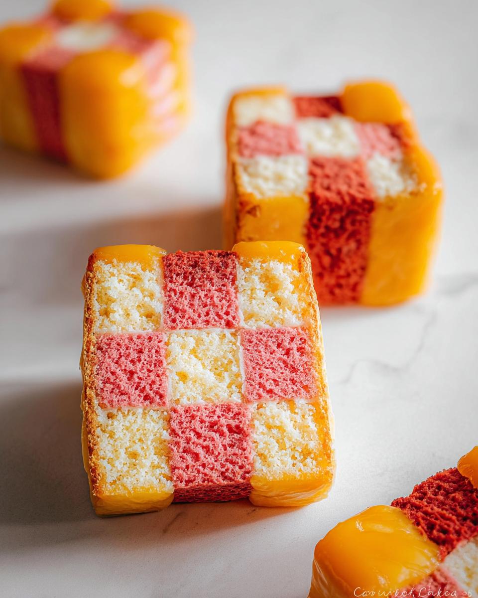 Close-up of a slice of Gluten Free Battenberg Cake with pink and white sponge squares, covered in yellow icing.