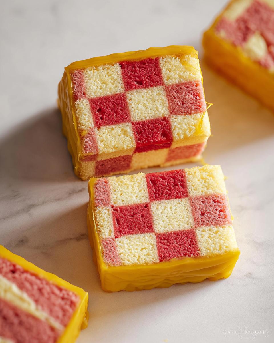 Close-up of two slices of Gluten Free Battenberg Cake with a yellow marzipan coating and a checkerboard pattern of pink and vanilla sponge.