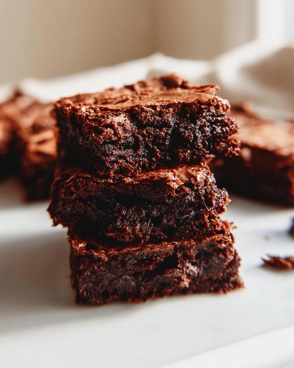 A close-up stack of three fudgy Gluten-Free Brownies Nigella Inspired, showing their rich chocolate texture.