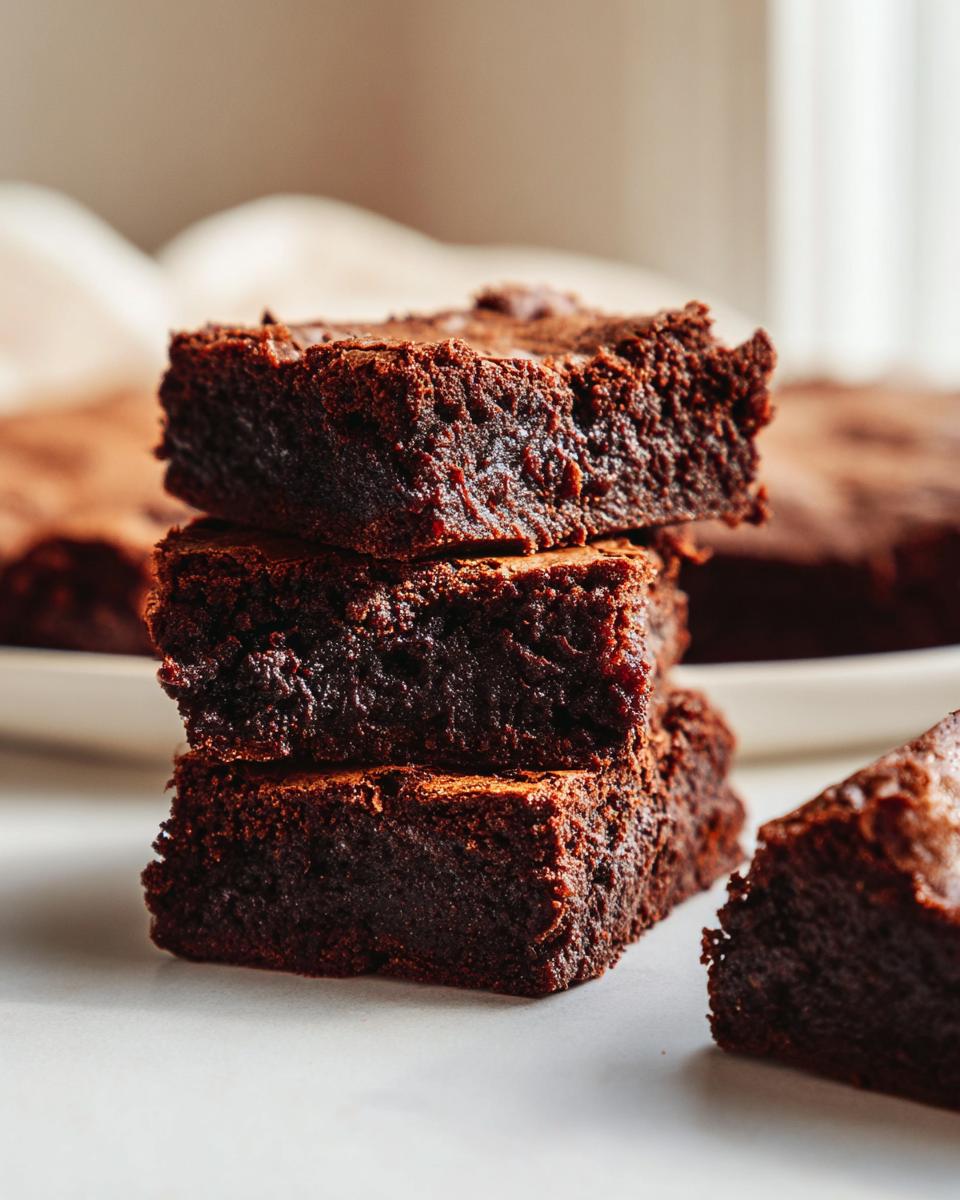 A close-up stack of three rich, dark chocolate Gluten-Free Brownies Nigella Inspired, dusted with cocoa powder.