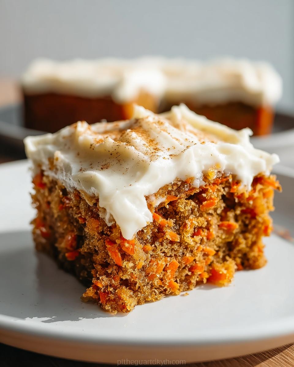 A close-up of a delicious slice of Gluten Free Carrot Cake topped with creamy frosting and a sprinkle of cinnamon.