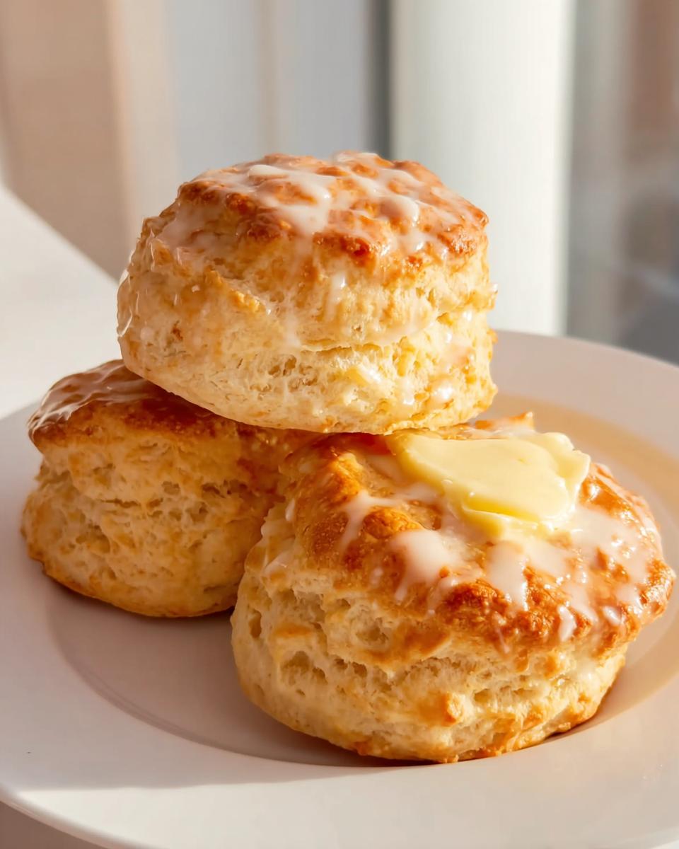 Three golden-brown gluten free scones stacked on a white plate, drizzled with icing and one topped with butter.