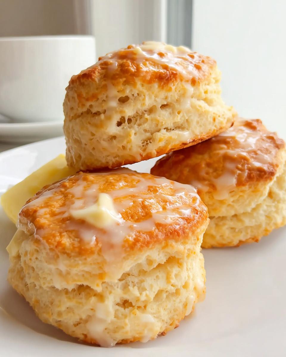 A stack of three golden-brown gluten free scones inspired by Mary Berry, drizzled with icing and topped with butter.