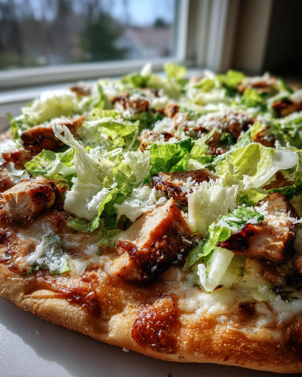 A close-up view of a freshly made grilled chicken caesar pizza, topped with fresh lettuce, grilled chicken pieces, and grated Parmesan cheese.