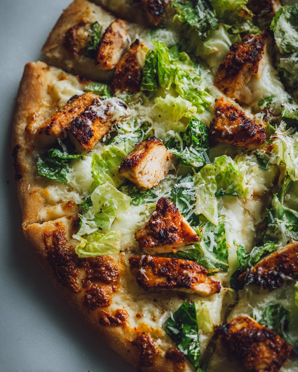 Close-up of a slice of grilled chicken caesar pizza, featuring grilled chicken pieces, fresh romaine lettuce, and shaved parmesan cheese.