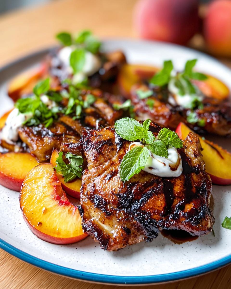 Close-up of grilled chicken thighs served with fresh peach slices, drizzled with balsamic glaze and topped with mint.