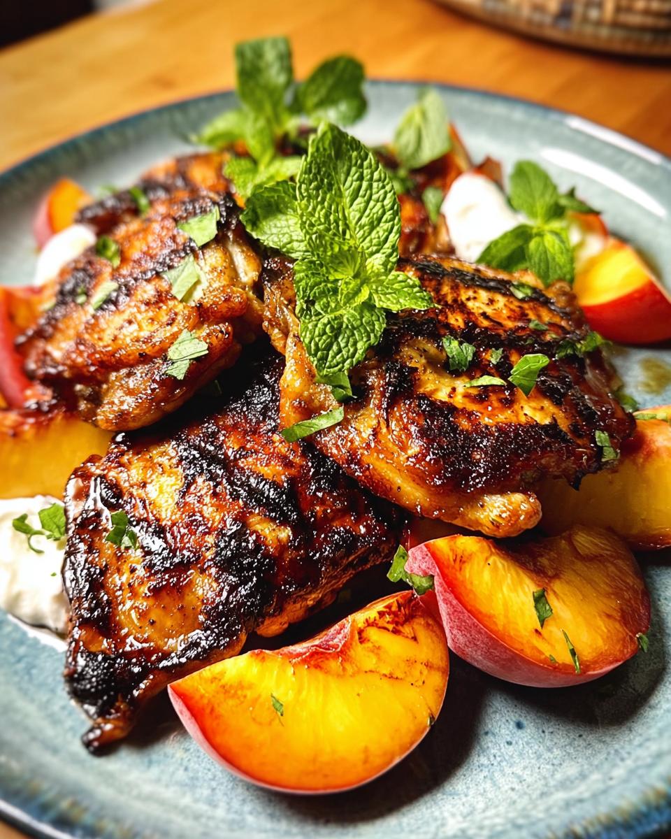 Close-up of juicy grilled chicken thighs served with fresh peach slices and mint garnish.