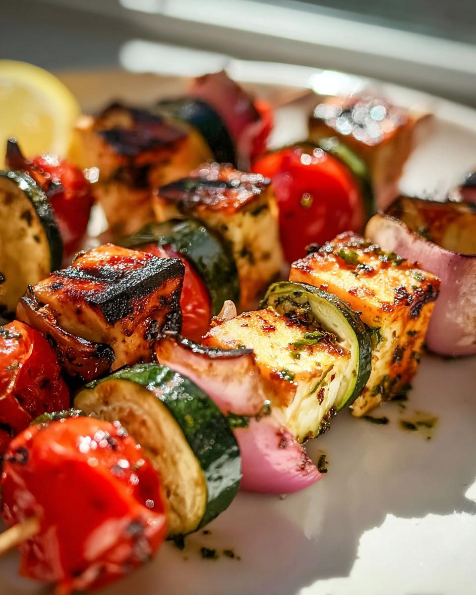 Close-up of grilled halloumi vegetable skewers with zucchini, tomatoes, and red onion, seasoned with lemon herb marinade.
