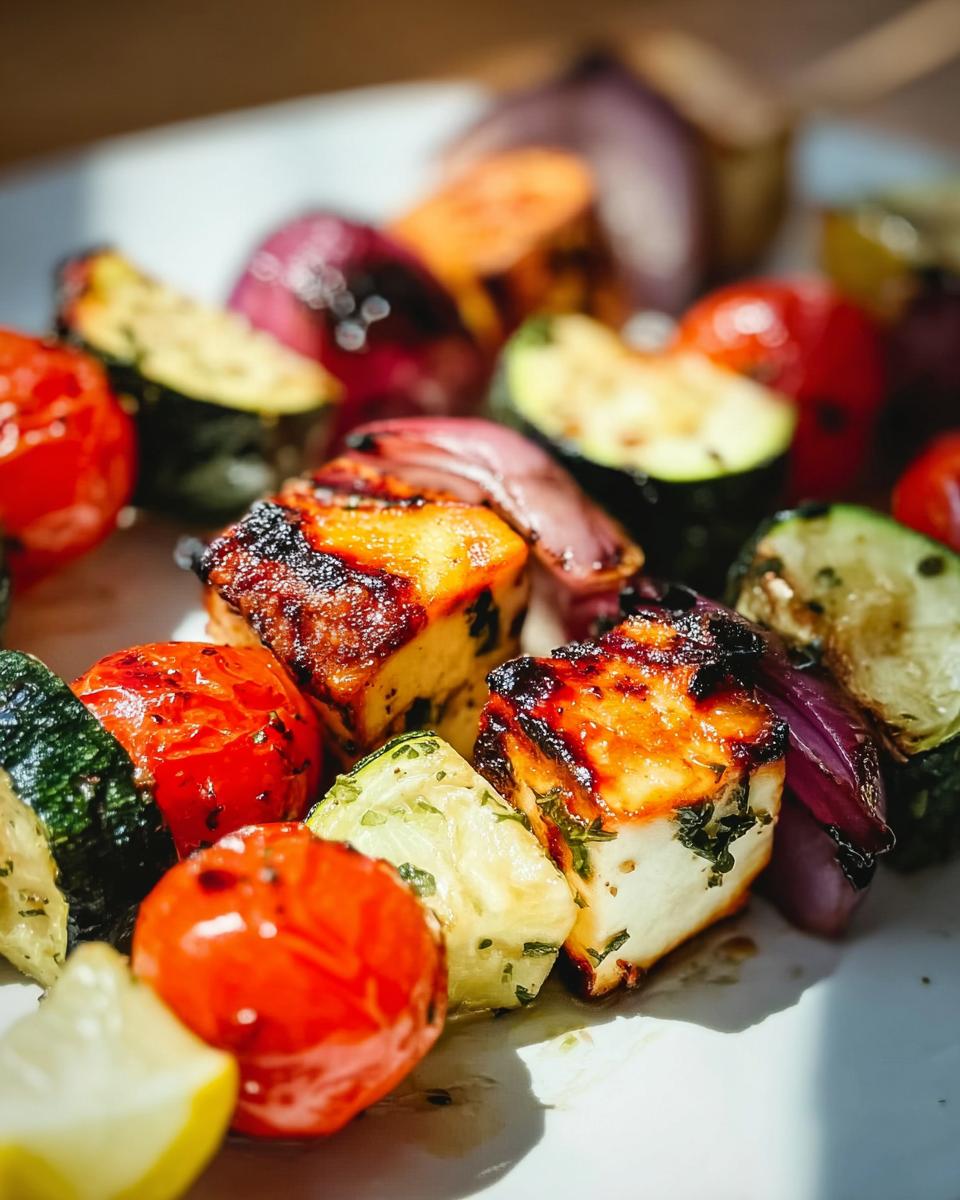 Close-up of Grilled Halloumi Vegetable Skewers with charred halloumi cheese, cherry tomatoes, zucchini, and red onion.