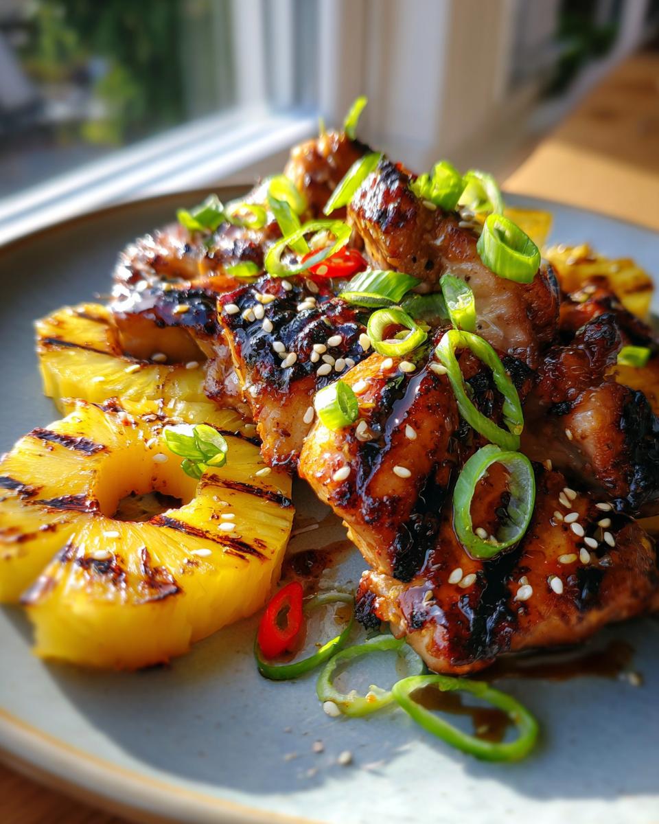 Close-up of delicious grilled Hawaiian teriyaki chicken pieces served with grilled pineapple rings and garnished with sesame seeds and scallions.