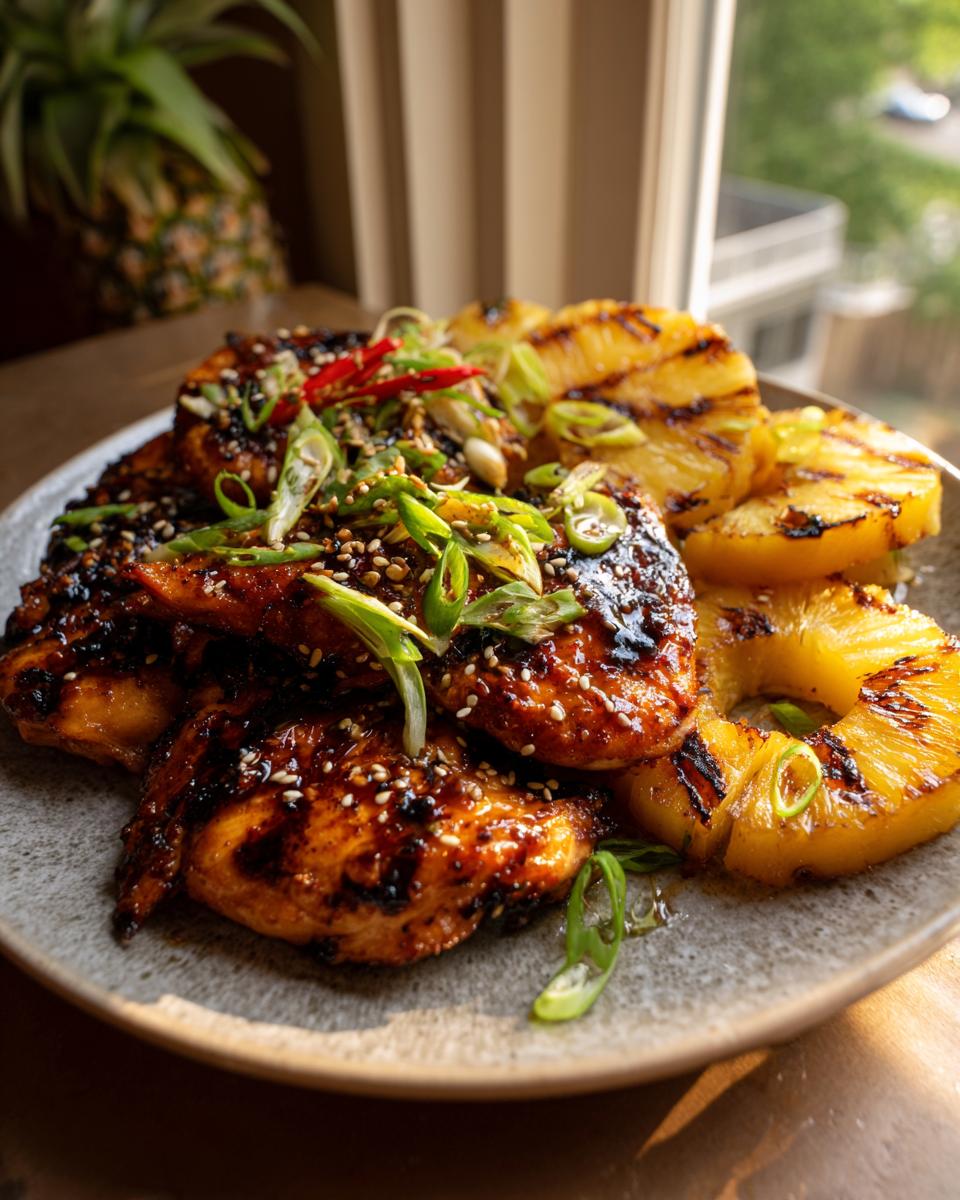 A plate of grilled Hawaiian teriyaki chicken glazed with sauce and topped with sesame seeds and green onions, served with grilled pineapple slices.