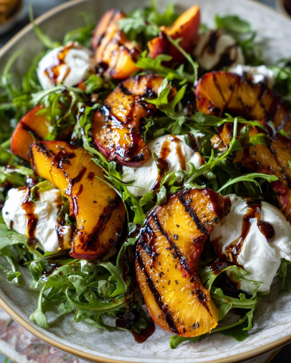 Close-up of a refreshing grilled peach burrata salad with fresh arugula and a balsamic glaze drizzle.