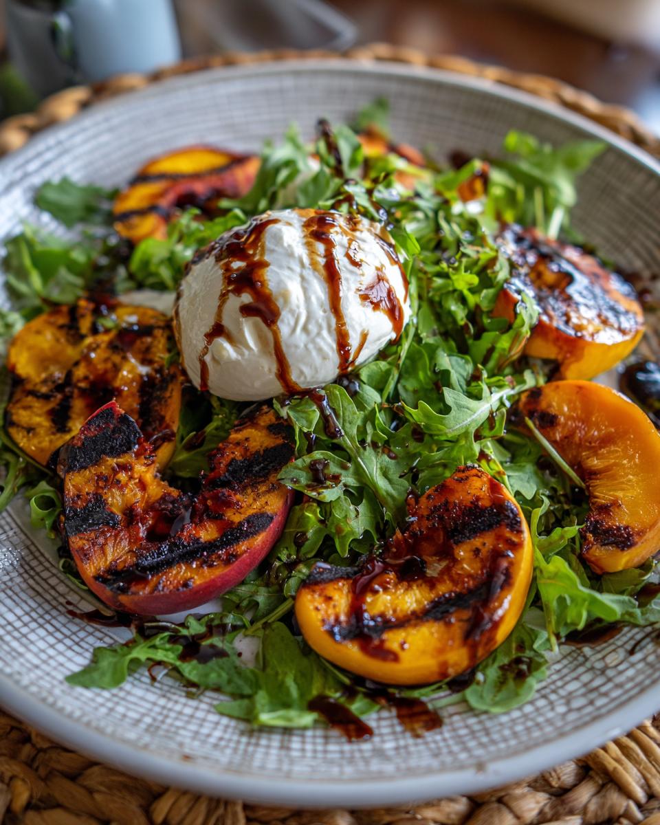 Close-up of a grilled peach burrata salad featuring arugula, grilled peach slices, and a ball of burrata cheese drizzled with balsamic glaze.