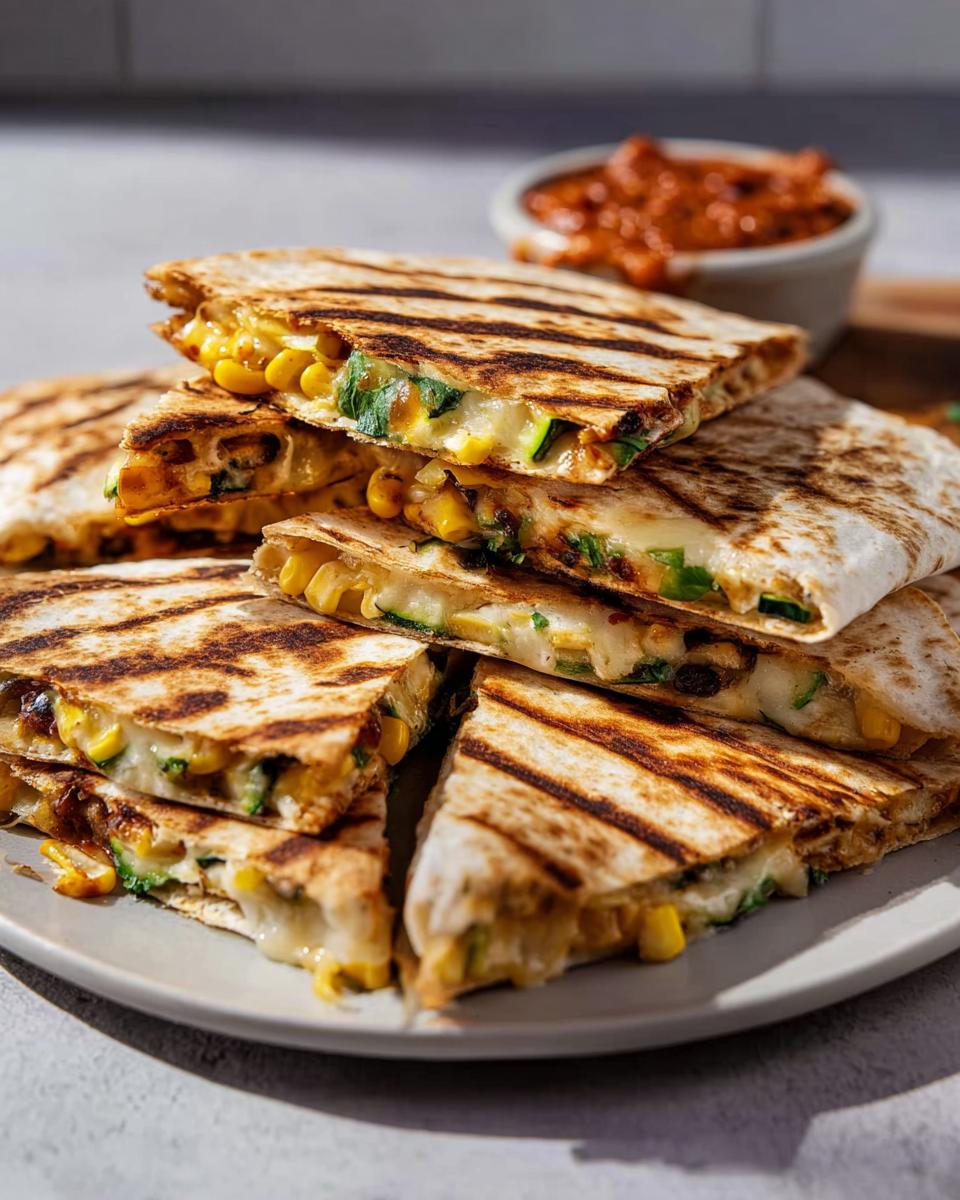 A stack of grilled zucchini corn quesadillas, cut into wedges, with melted cheese oozing out.