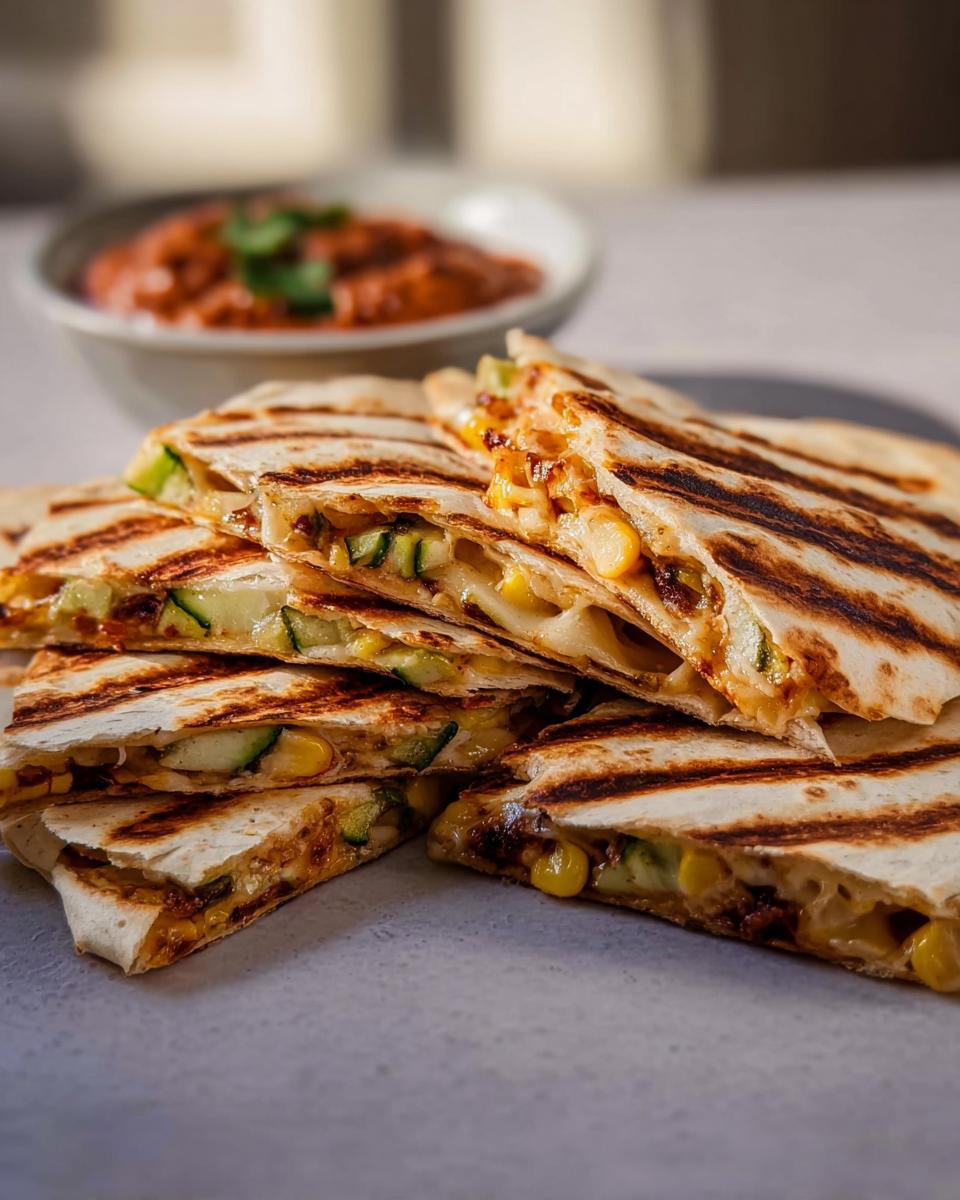 A stack of grilled zucchini corn quesadillas, showing melted cheese, corn kernels, and zucchini slices inside.