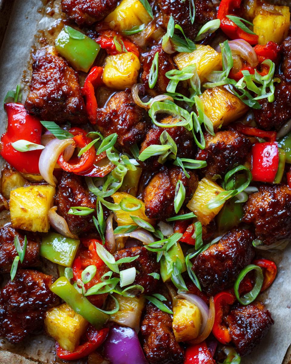 Close-up of glistening Hawaiian BBQ chicken pieces mixed with pineapple chunks, red and green bell peppers, and onions, garnished with green onions.