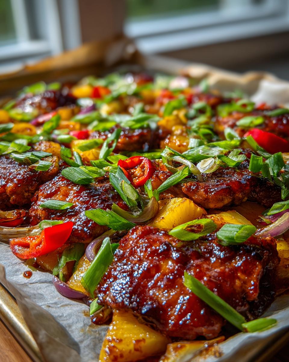 Close-up of glistening Hawaiian BBQ chicken thighs baked with pineapple chunks, red bell peppers, red onion, and green onions.