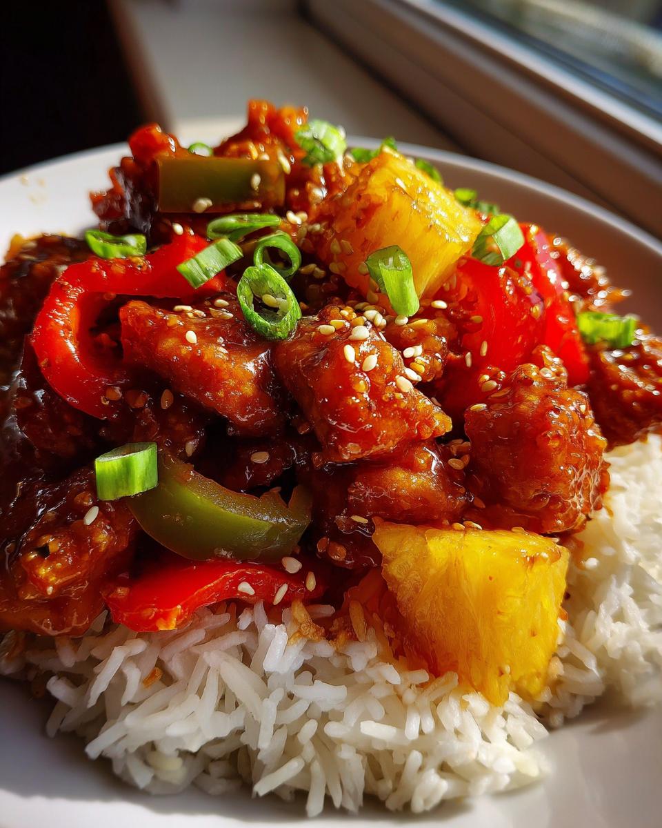 A close-up of a Hawaiian chicken sheet pan dinner served over white rice, featuring chunks of chicken, pineapple, red and green bell peppers, and green onions.
