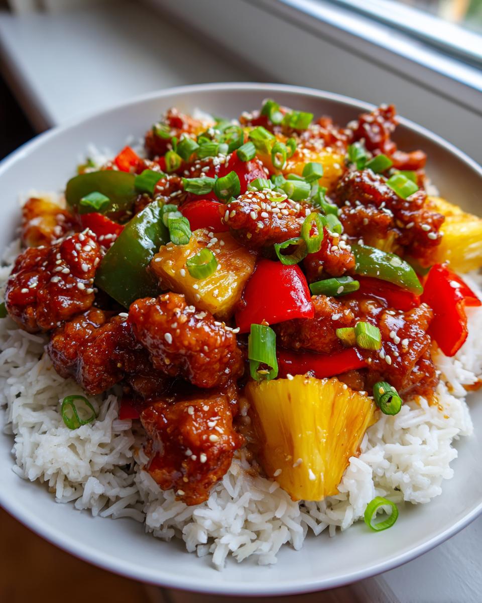 A close-up of a bowl filled with fluffy white rice topped with glazed Hawaiian chicken, pineapple chunks, red and green bell peppers, and green onions.