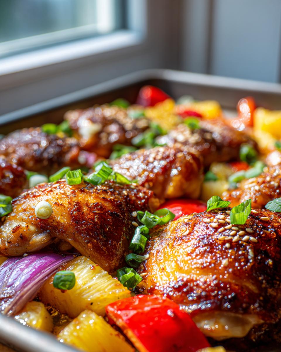 Close-up of Hawaiian sheet pan chicken thighs with pineapple chunks, red bell peppers, and red onion, garnished with sesame seeds and green onions.