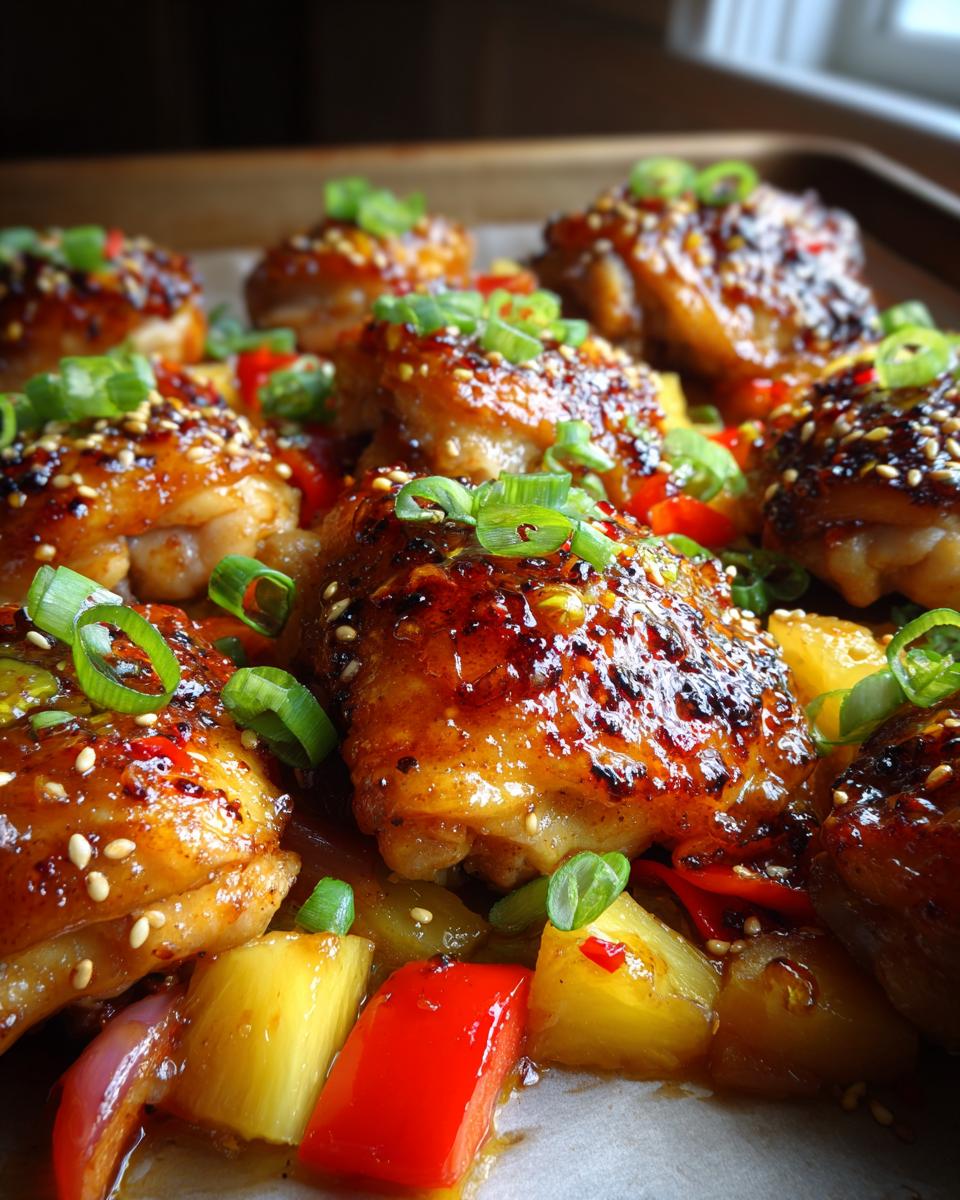 Close-up of glistening Hawaiian sheet pan chicken thighs with pineapple chunks, red bell peppers, and green onions.