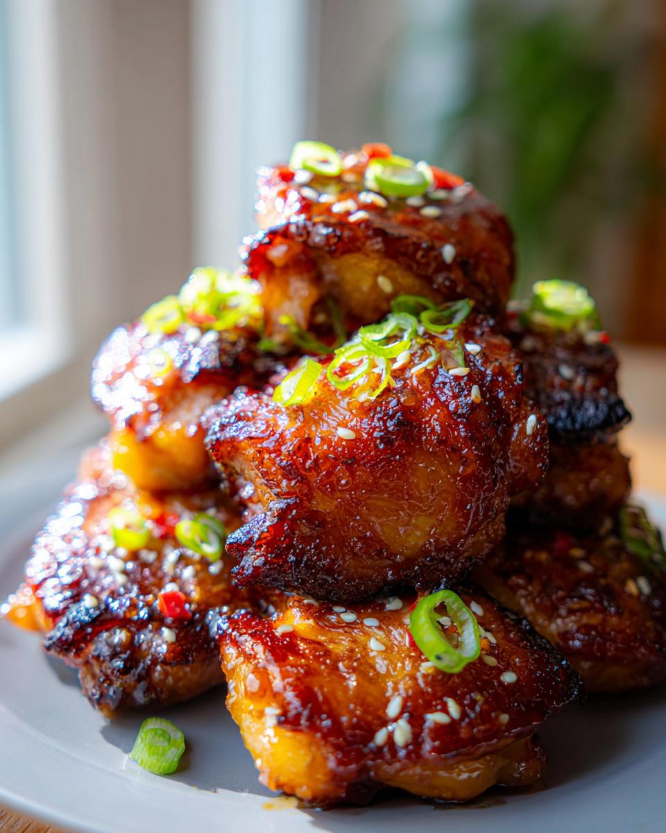 A stack of glistening Hawaiian teriyaki chicken thighs, garnished with sesame seeds and green onions.