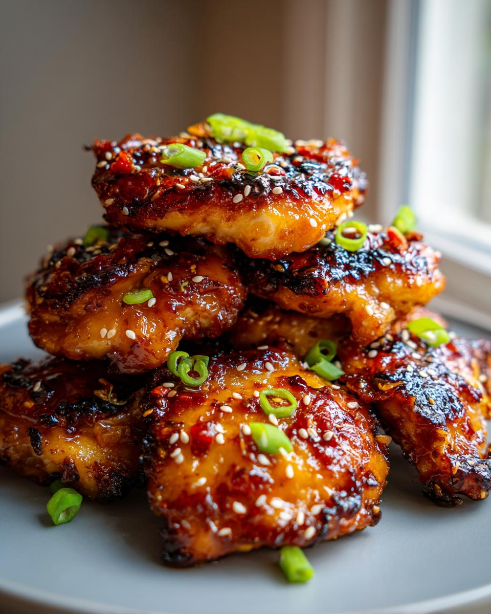 A stack of glistening Hawaiian teriyaki chicken thighs, garnished with sesame seeds and green onions.