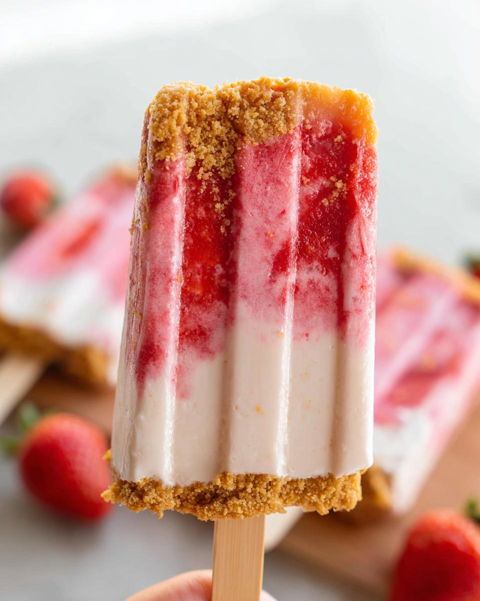 Close-up of a Healthy Strawberry Cheesecake Popsicle with a graham cracker crust.
