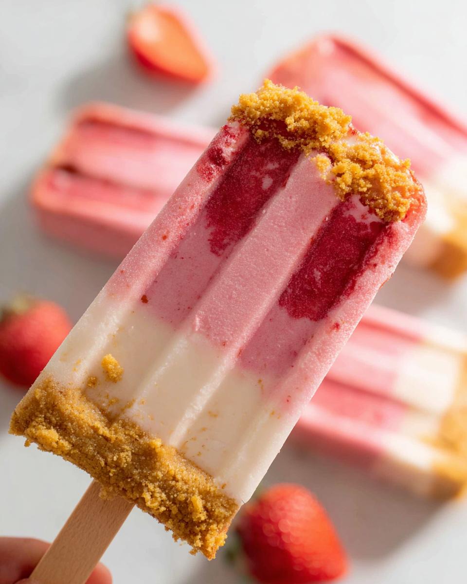 Close-up of a layered Healthy Strawberry Cheesecake Popsicle with a graham cracker crust.