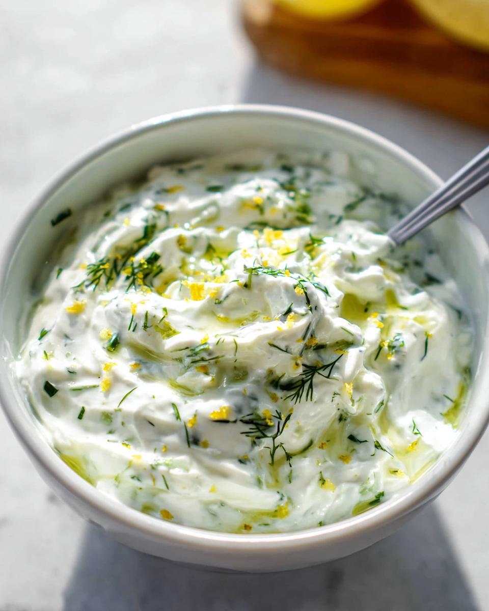 Close-up of a bowl of Healthy Tzatziki Sauce Recipe, garnished with fresh dill and lemon zest.