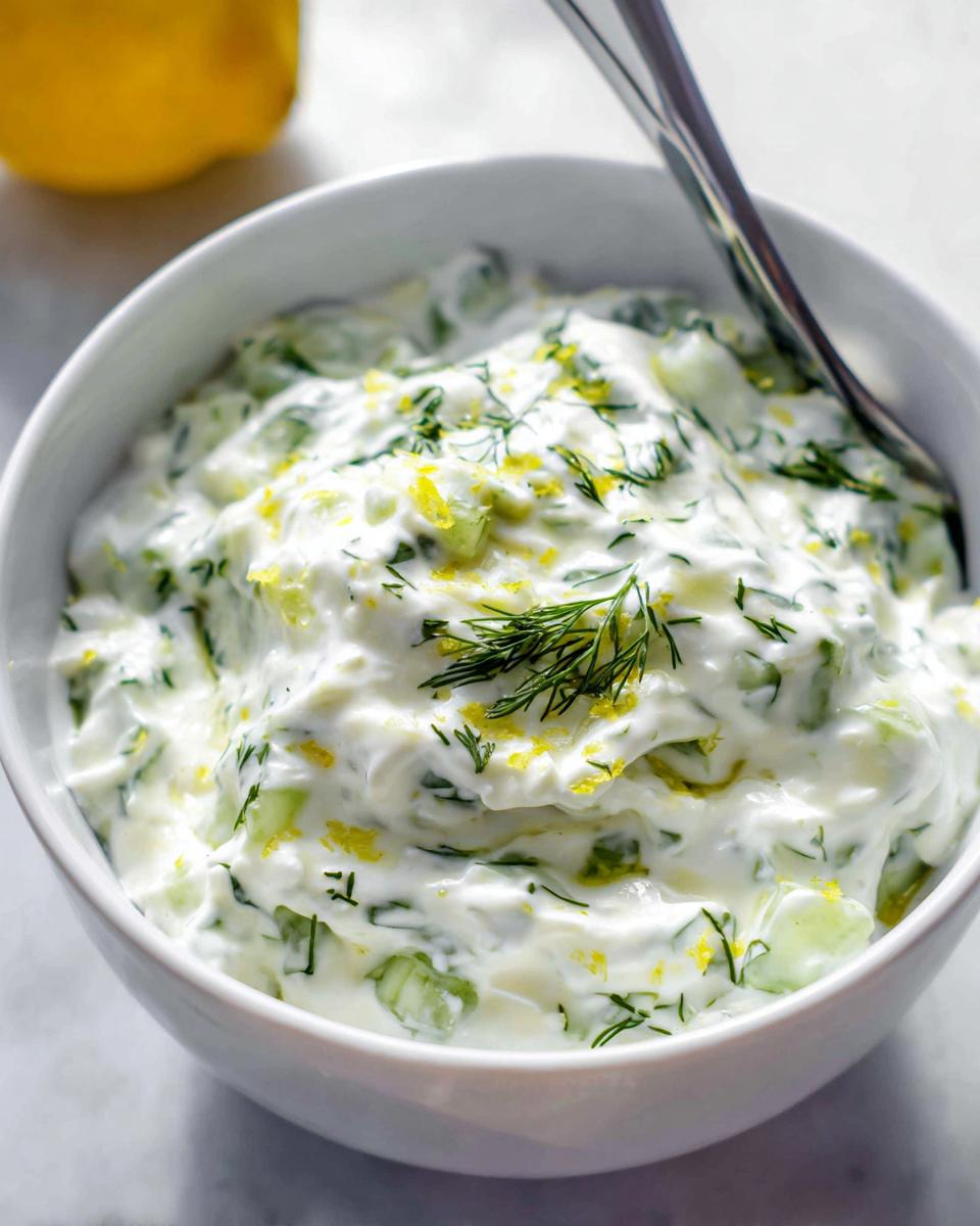 A bowl of creamy, healthy tzatziki sauce recipe with chopped cucumber, fresh dill, and lemon zest.