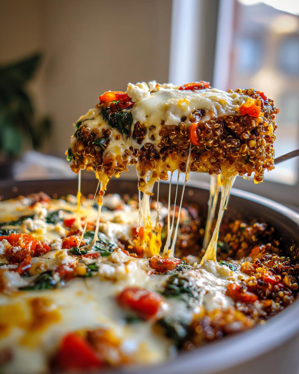 A slice of high protein quinoa lentil bake being lifted, with melted cheese stretching.