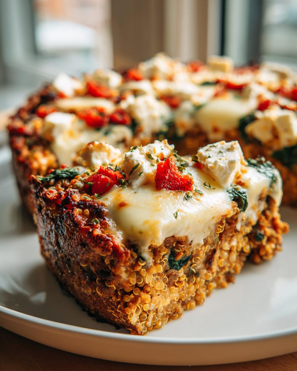 A slice of high protein quinoa lentil bake topped with melted cheese, feta, and sun-dried tomatoes.